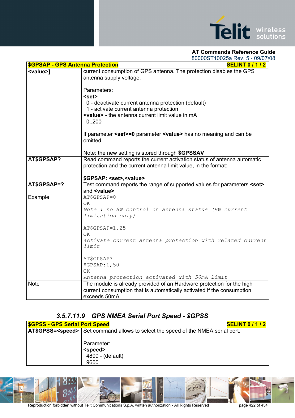 9 gps nmea serial port speed - $gpss | Rainbow Electronics GM862-QUAD-PY User Manual | Page 422 / 434