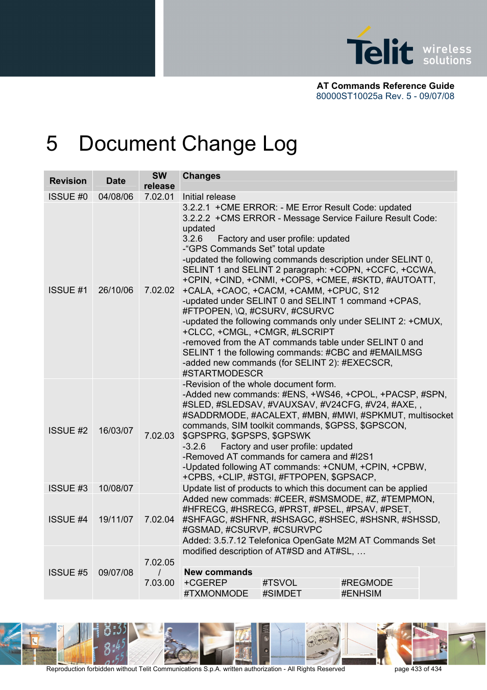5 document change log, Document change log | Rainbow Electronics GM862-QUAD-PY User Manual | Page 433 / 434