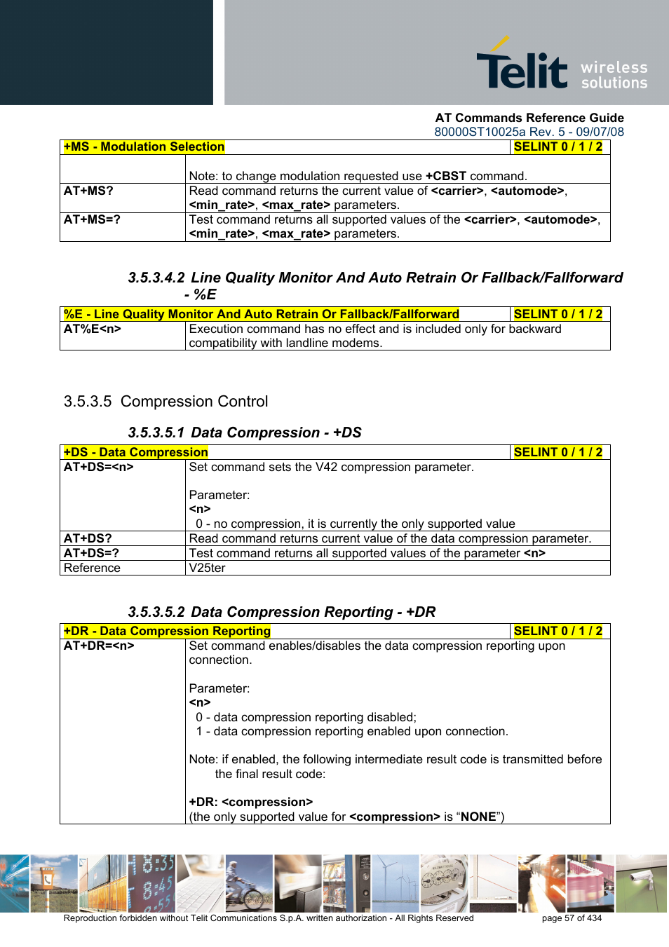 5 compression control, 1 data compression - +ds, 2 data compression reporting - +dr | Rainbow Electronics GM862-QUAD-PY User Manual | Page 57 / 434