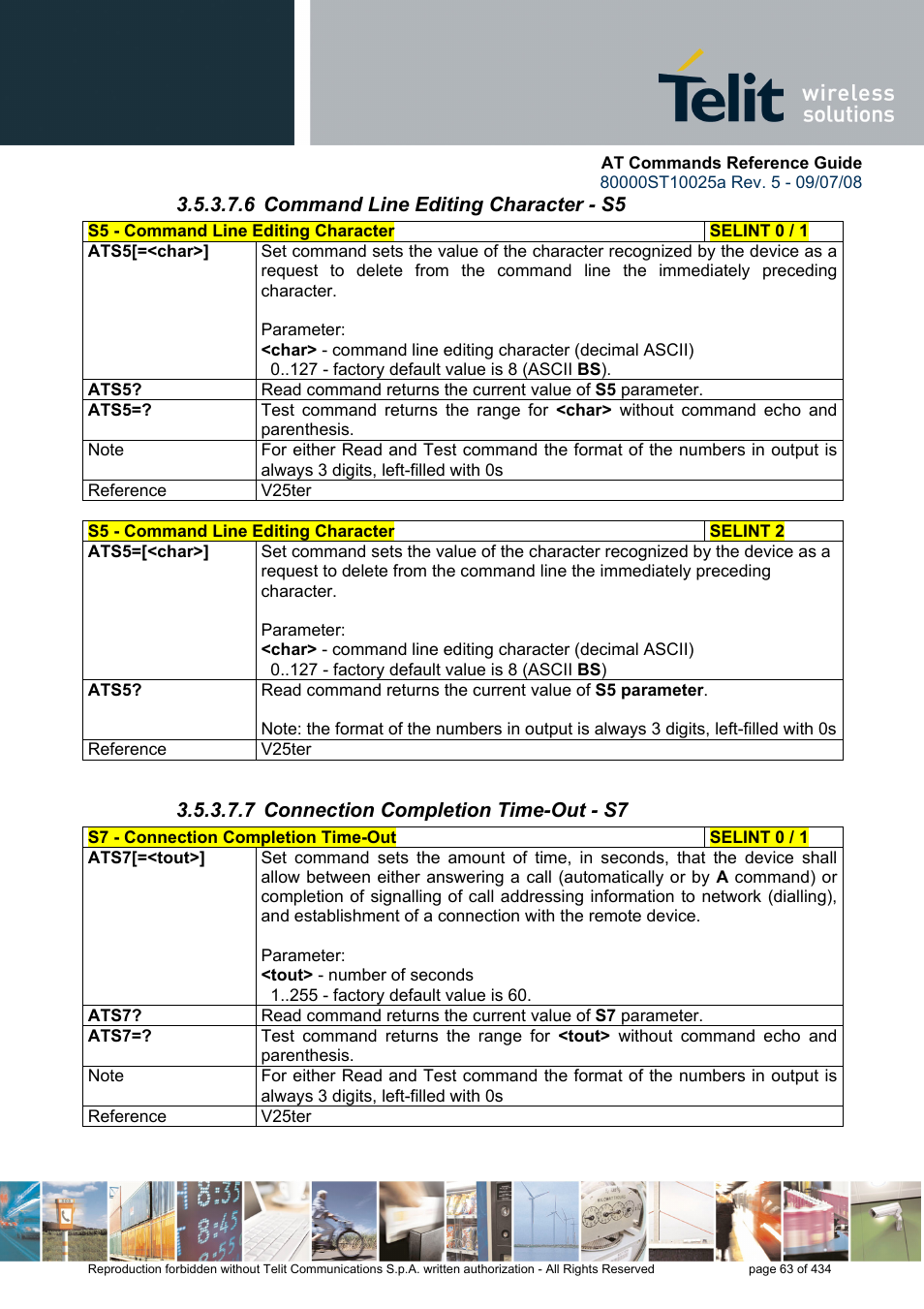 6 command line editing character - s5, 7 connection completion time-out - s7 | Rainbow Electronics GM862-QUAD-PY User Manual | Page 63 / 434