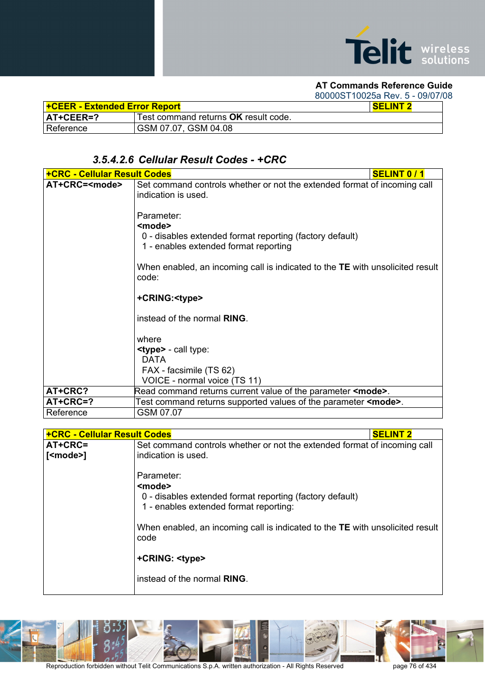 6 cellular result codes - +crc | Rainbow Electronics GM862-QUAD-PY User Manual | Page 76 / 434