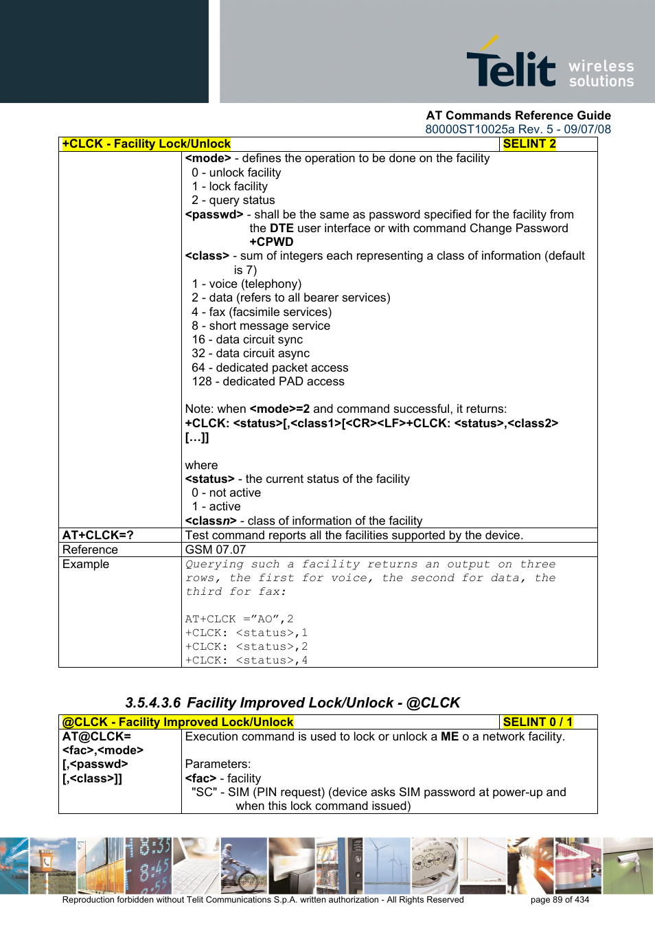 6 facility improved lock/unlock - @clck | Rainbow Electronics GM862-QUAD-PY User Manual | Page 89 / 434