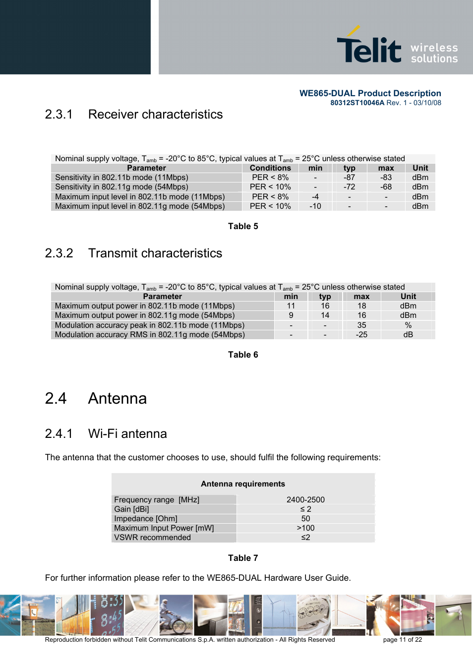 1 receiver characteristics, 2 transmit characteristics, 4 antenna | 1 wi-fi antenna | Rainbow Electronics WE865-DUAL User Manual | Page 11 / 22