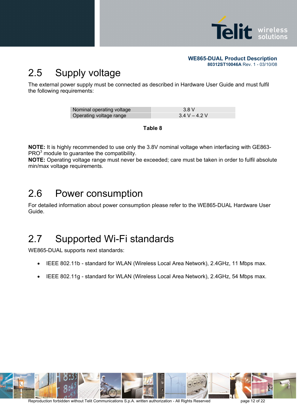 5 supply voltage, 6 power consumption, 7 supported wi-fi standards | Rainbow Electronics WE865-DUAL User Manual | Page 12 / 22