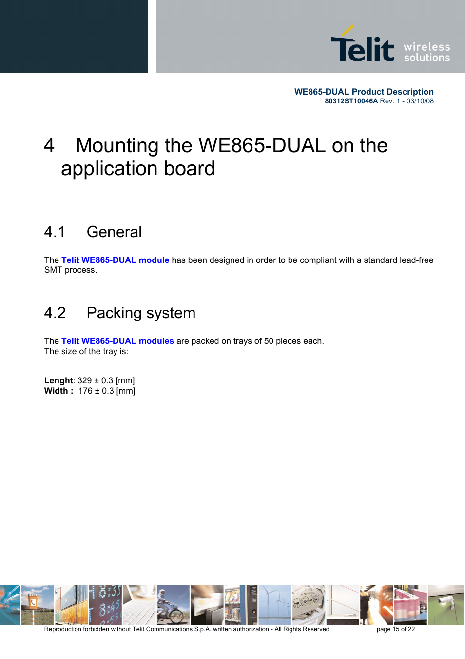 4 mounting the we865-dual on the application board, 1 general, 2 packing system | Rainbow Electronics WE865-DUAL User Manual | Page 15 / 22