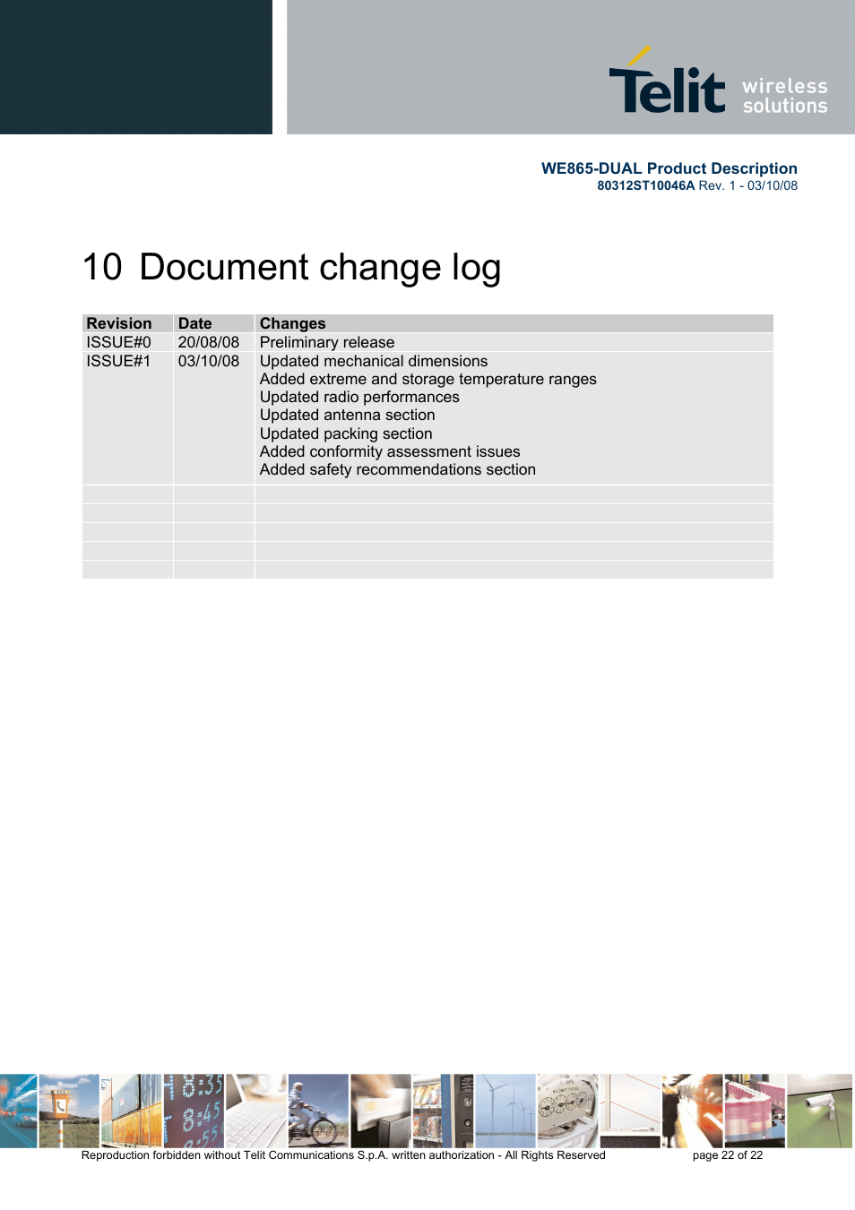 10 document change log | Rainbow Electronics WE865-DUAL User Manual | Page 22 / 22