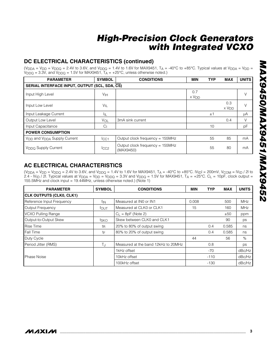 Dc electrical characteristics (continued), Ac electrical characteristics | Rainbow Electronics MAX9452 User Manual | Page 3 / 16