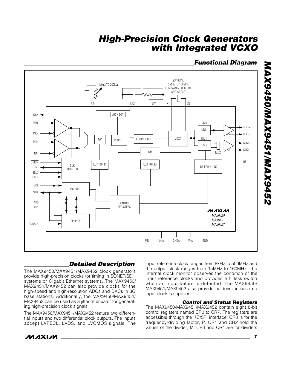 Functional diagram detailed description, Control and status registers | Rainbow Electronics MAX9452 User Manual | Page 7 / 16