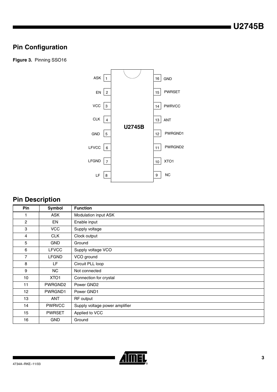 U2745b, Pin configuration, Pin description | Rainbow Electronics U2745B User Manual | Page 3 / 9