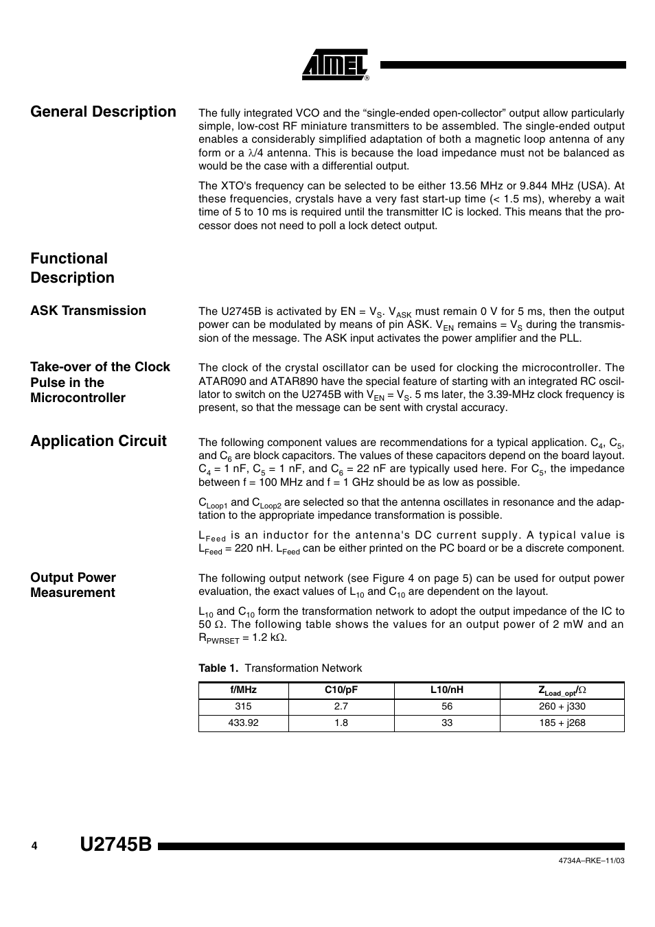 U2745b, General description, Functional description | Application circuit, Ask transmission, Output power measurement | Rainbow Electronics U2745B User Manual | Page 4 / 9