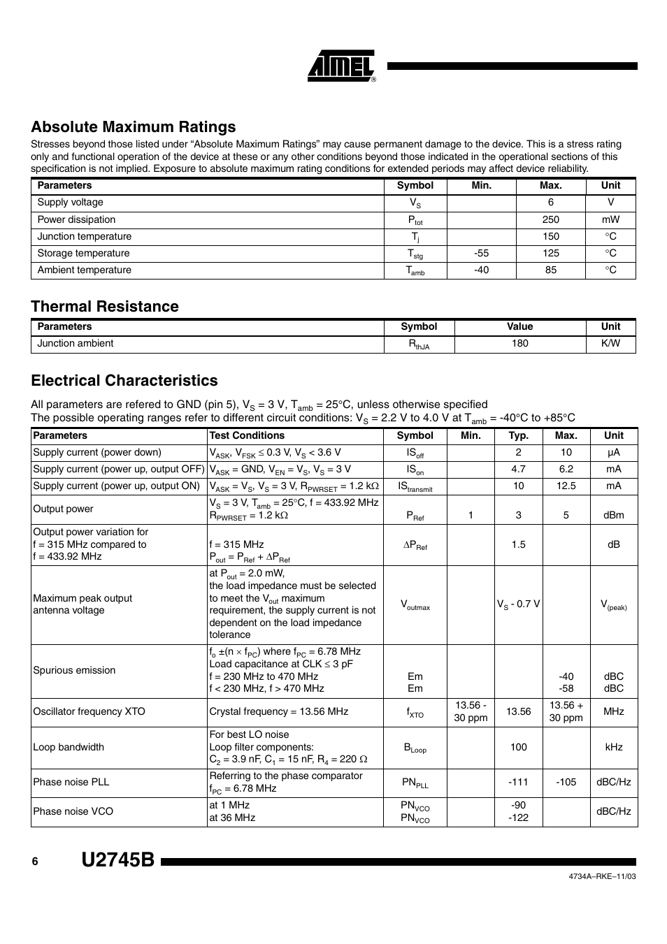 U2745b, Absolute maximum ratings, Thermal resistance | Electrical characteristics | Rainbow Electronics U2745B User Manual | Page 6 / 9