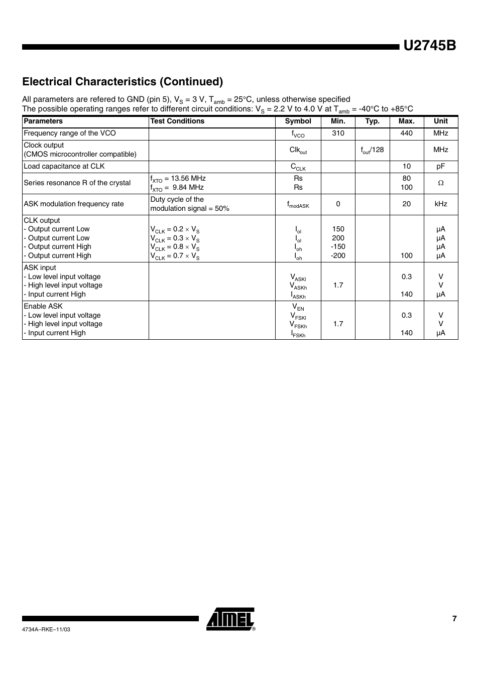 U2745b, Electrical characteristics (continued) | Rainbow Electronics U2745B User Manual | Page 7 / 9