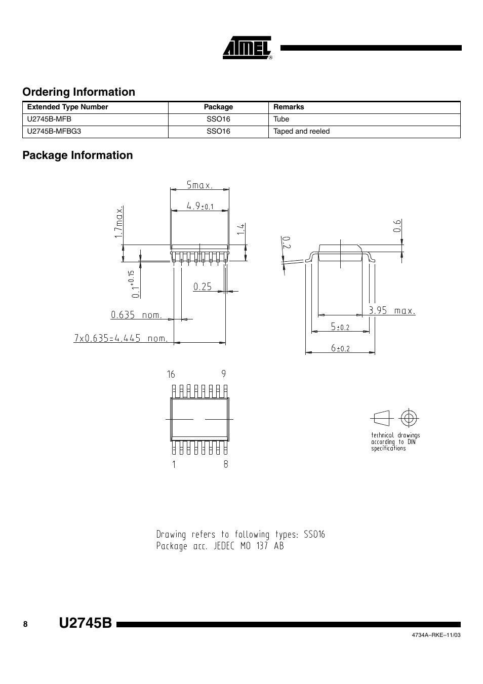 U2745b, Package information ordering information | Rainbow Electronics U2745B User Manual | Page 8 / 9