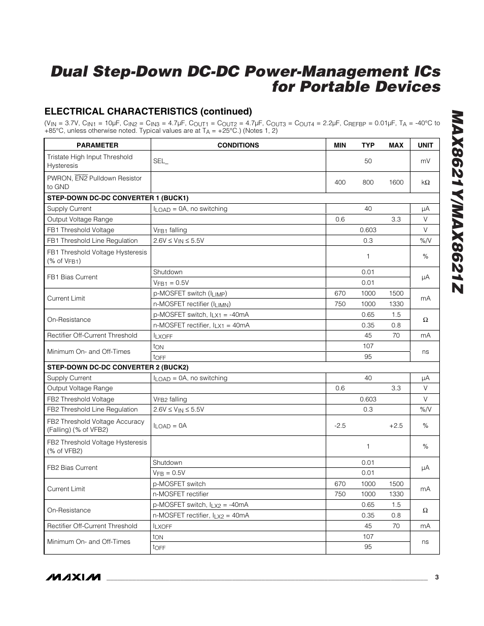 Electrical characteristics (continued) | Rainbow Electronics MAX8621Z User Manual | Page 3 / 18