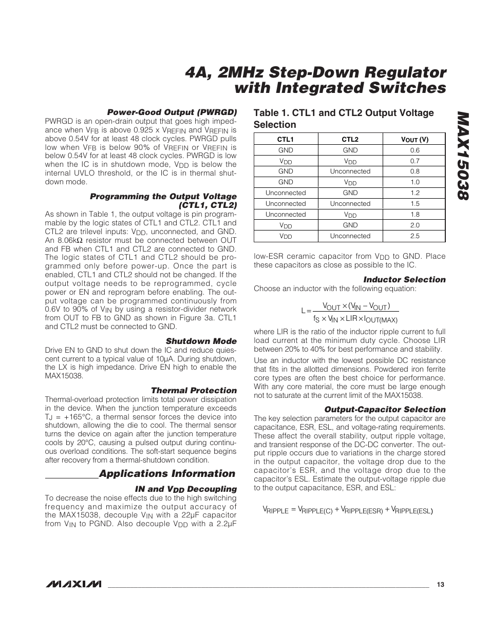 Applications information, Table 1. ctl1 and ctl2 output voltage selection | Rainbow Electronics MAX15038 User Manual | Page 13 / 18