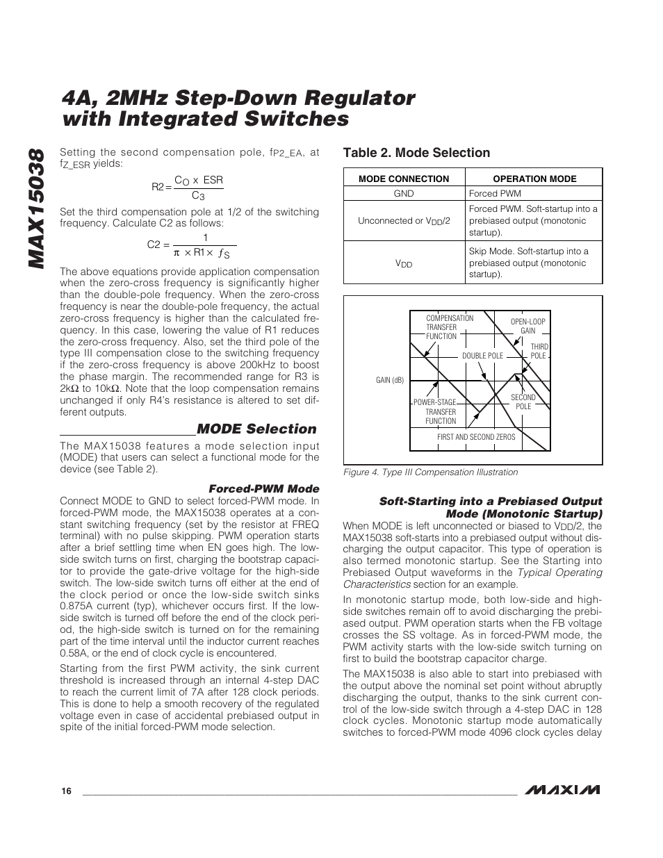 Mode selection, Table 2. mode selection | Rainbow Electronics MAX15038 User Manual | Page 16 / 18