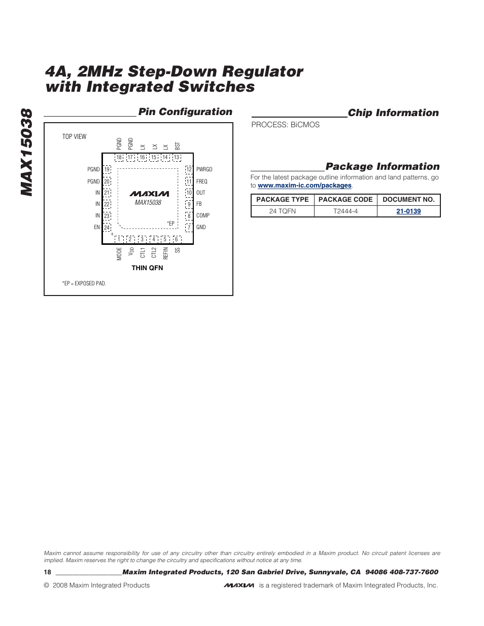 Chip information, Pin configuration package information | Rainbow Electronics MAX15038 User Manual | Page 18 / 18