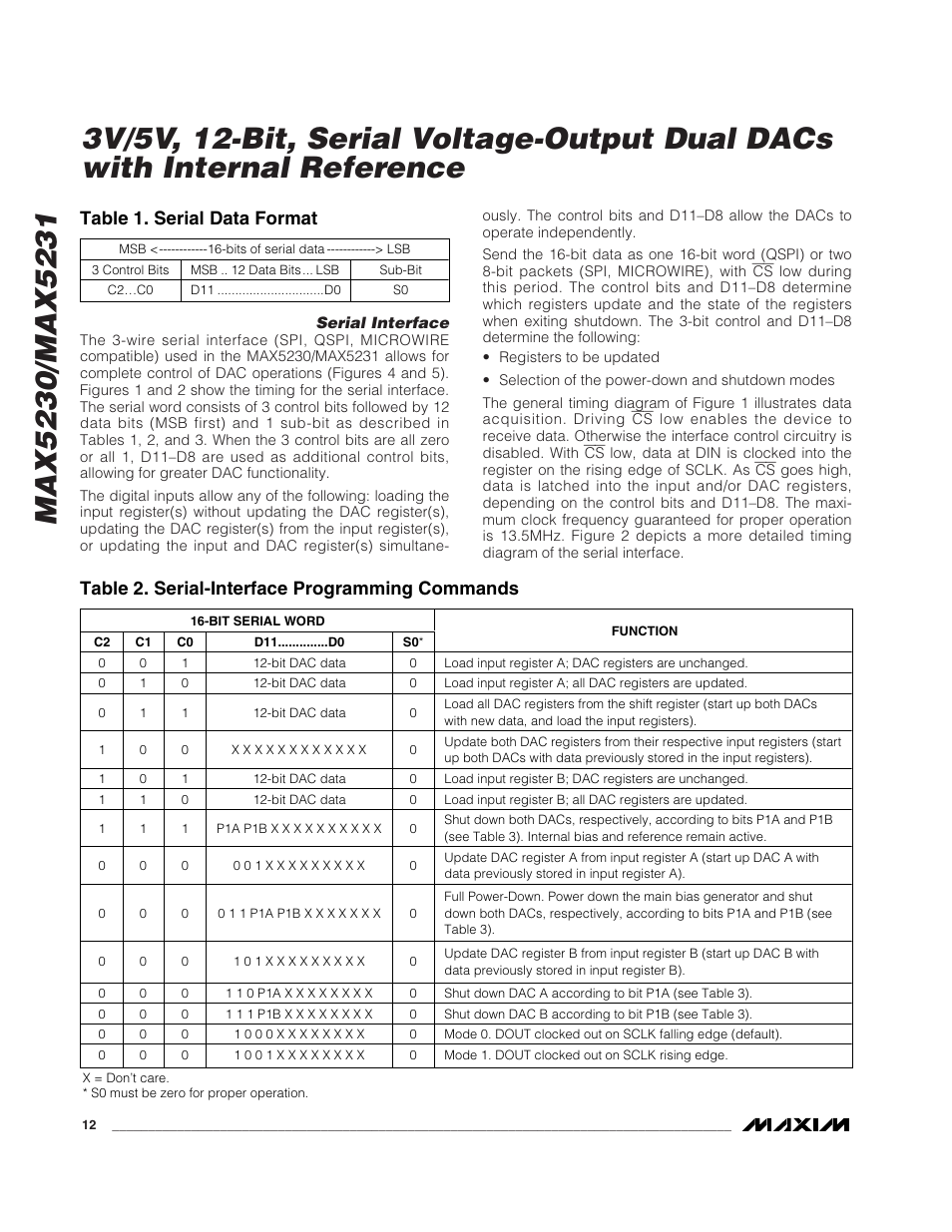 Table 1. serial data format, Table 2. serial-interface programming commands | Rainbow Electronics MAX5231 User Manual | Page 12 / 18