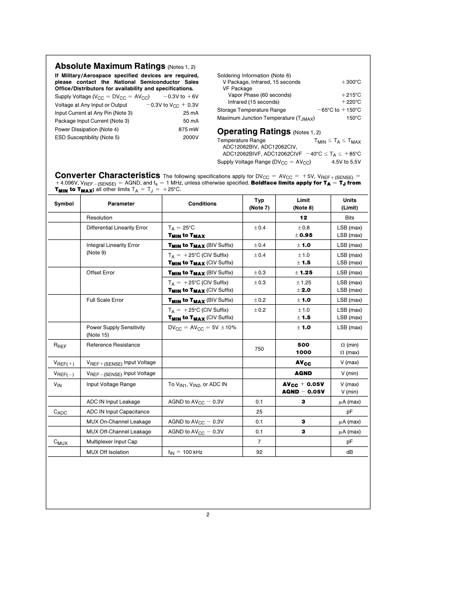 Absolute maximum ratings, Operating ratings, Converter characteristics | Rainbow Electronics ADC12062 User Manual | Page 2 / 20