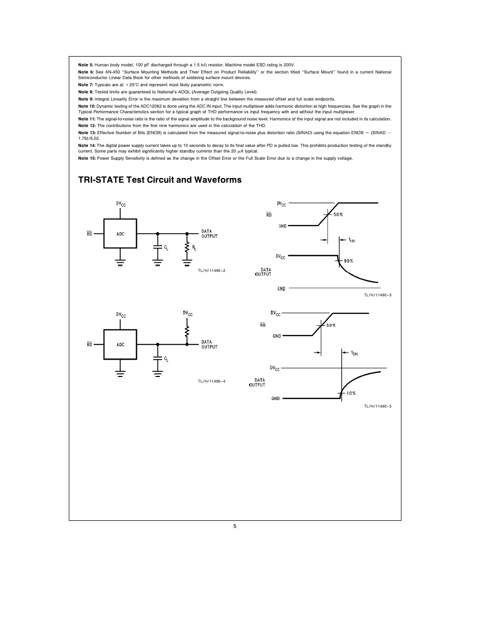 Tri-state test circuit and waveforms | Rainbow Electronics ADC12062 User Manual | Page 5 / 20