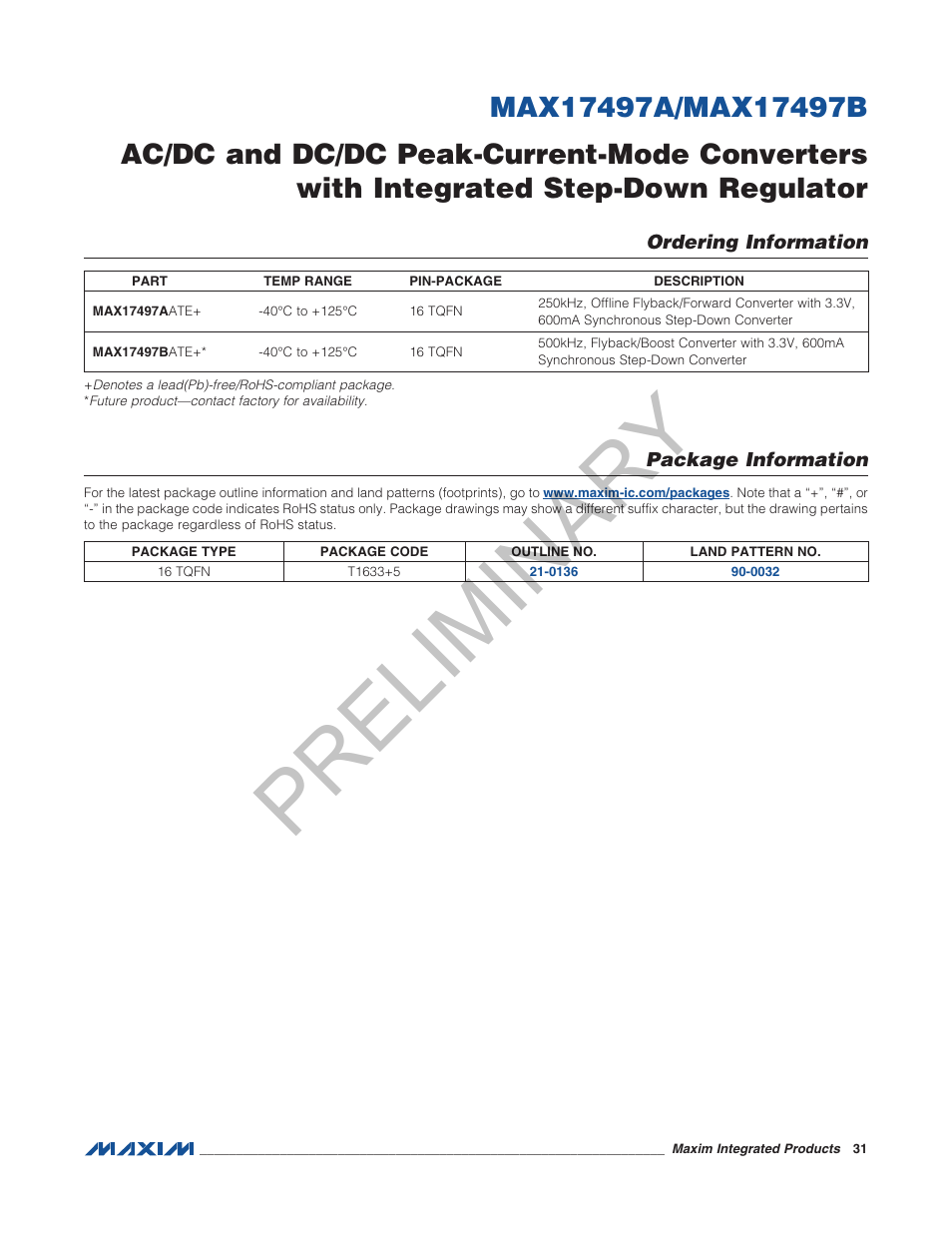 Ordering information, Chip information, Package information | Preliminary | Rainbow Electronics MAX17497B User Manual | Page 2 / 2