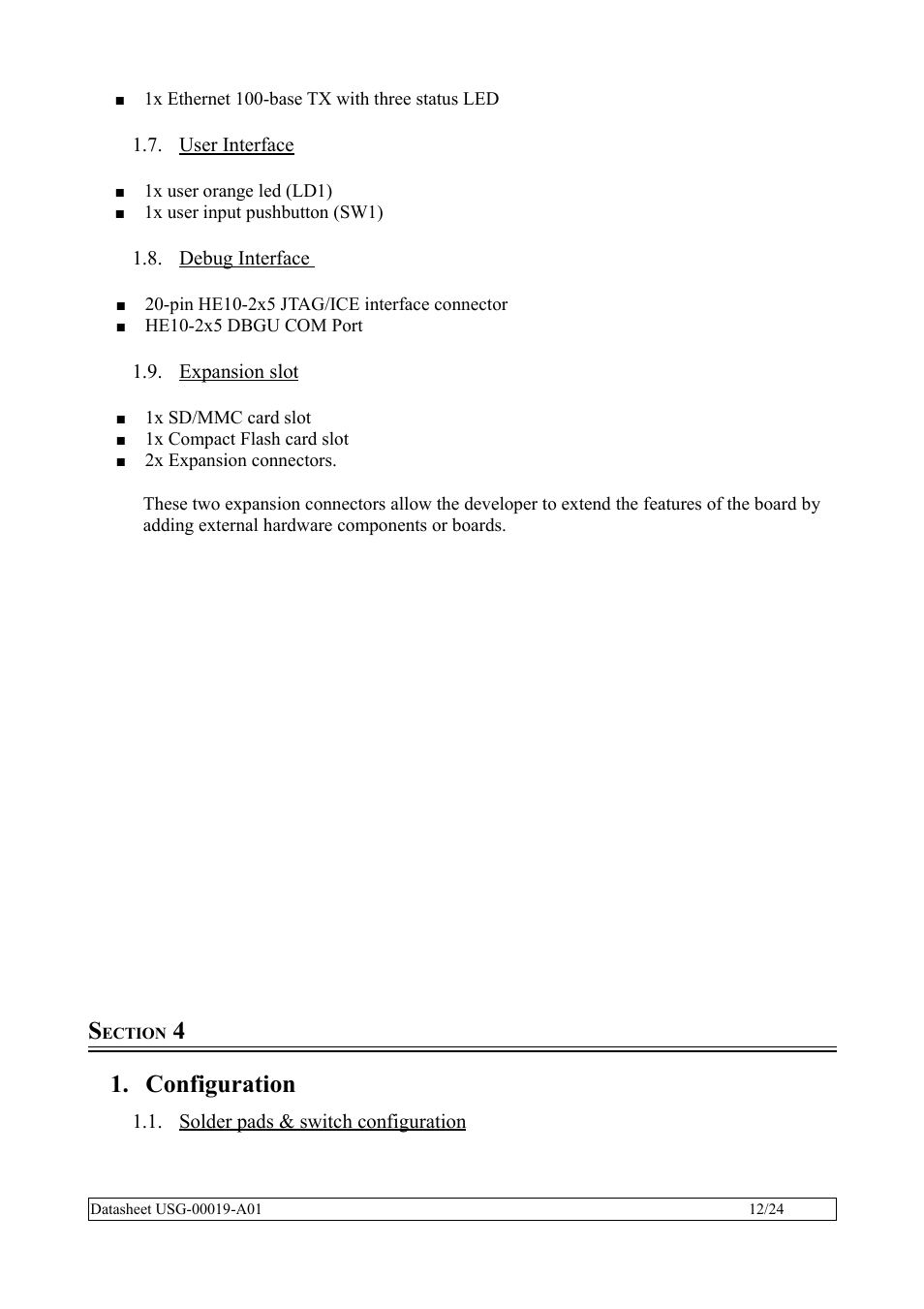 User interface, Debug interface, Expansion slot | Section 4, Configuration, Solder pads & switch configuration | Rainbow Electronics SBC35-A9G20-C11 User Manual | Page 12 / 24