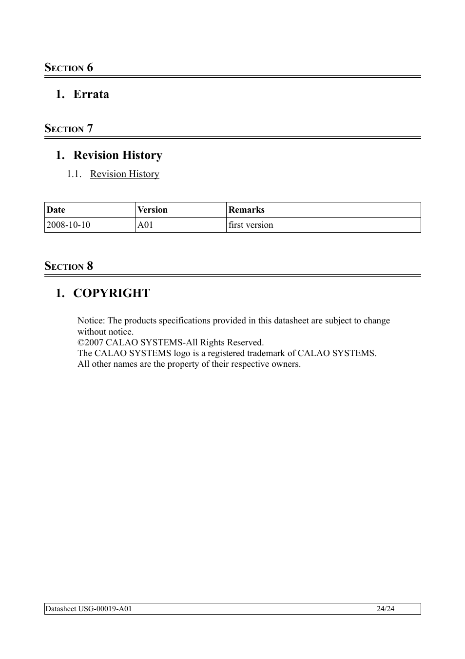 Section 6, Errata, Section 7 | Revision history, Section 8, Copyright, Errata s | Rainbow Electronics SBC35-A9G20-C11 User Manual | Page 24 / 24