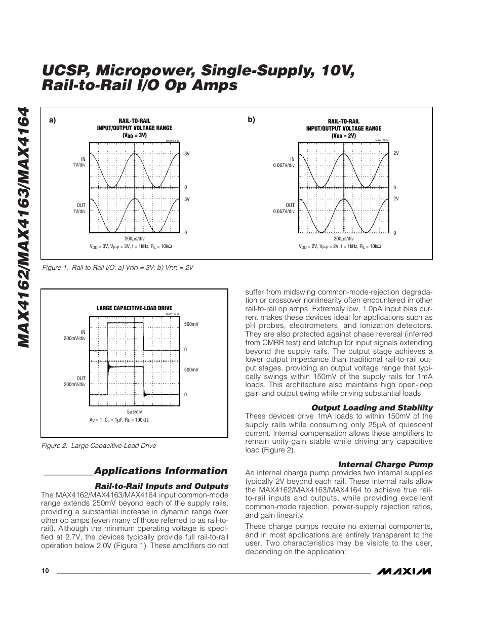 Applications information, Rail-to-rail inputs and outputs, Output loading and stability | Internal charge pump, A) b) | Rainbow Electronics MAX4163 User Manual | Page 10 / 14