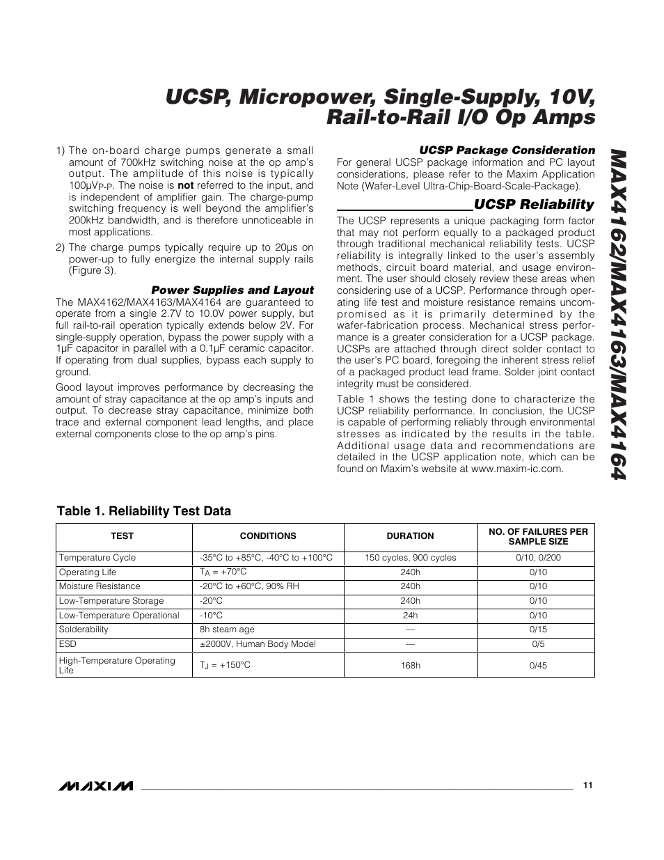 Ucsp reliability, Table 1. reliability test data | Rainbow Electronics MAX4163 User Manual | Page 11 / 14