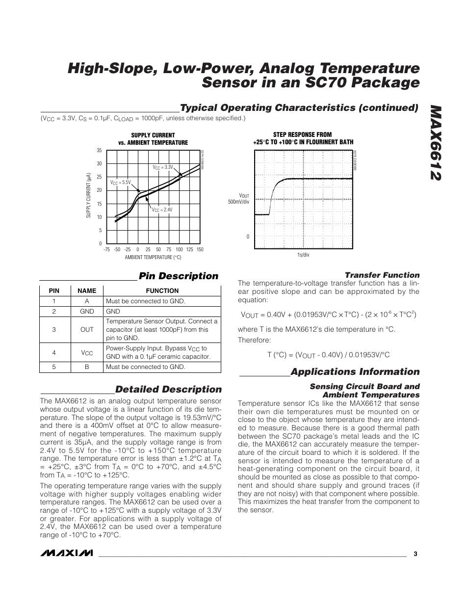 Detailed description, Applications information, Typical operating characteristics (continued) | Pin description | Rainbow Electronics MAX6612 User Manual | Page 3 / 5