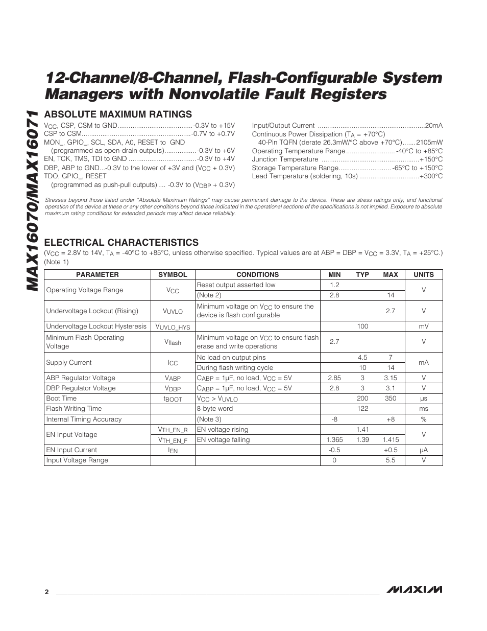 Electrical characteristics, Absolute maximum ratings | Rainbow Electronics MAX16071 User Manual | Page 2 / 51
