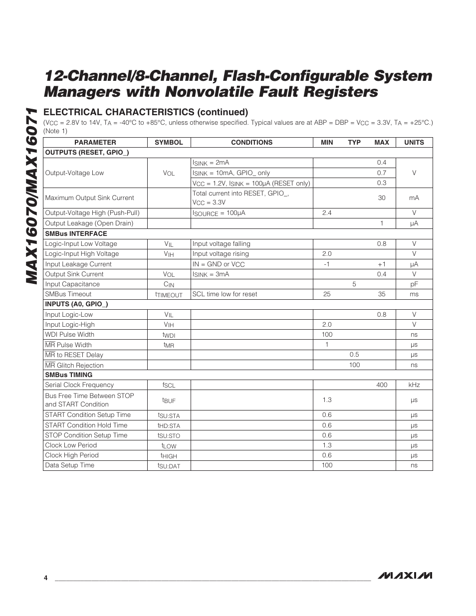 Electrical characteristics (continued) | Rainbow Electronics MAX16071 User Manual | Page 4 / 51