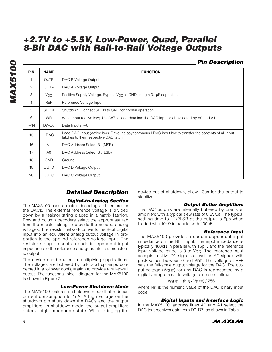 Pin description, Detailed description | Rainbow Electronics MAX5100 User Manual | Page 6 / 8