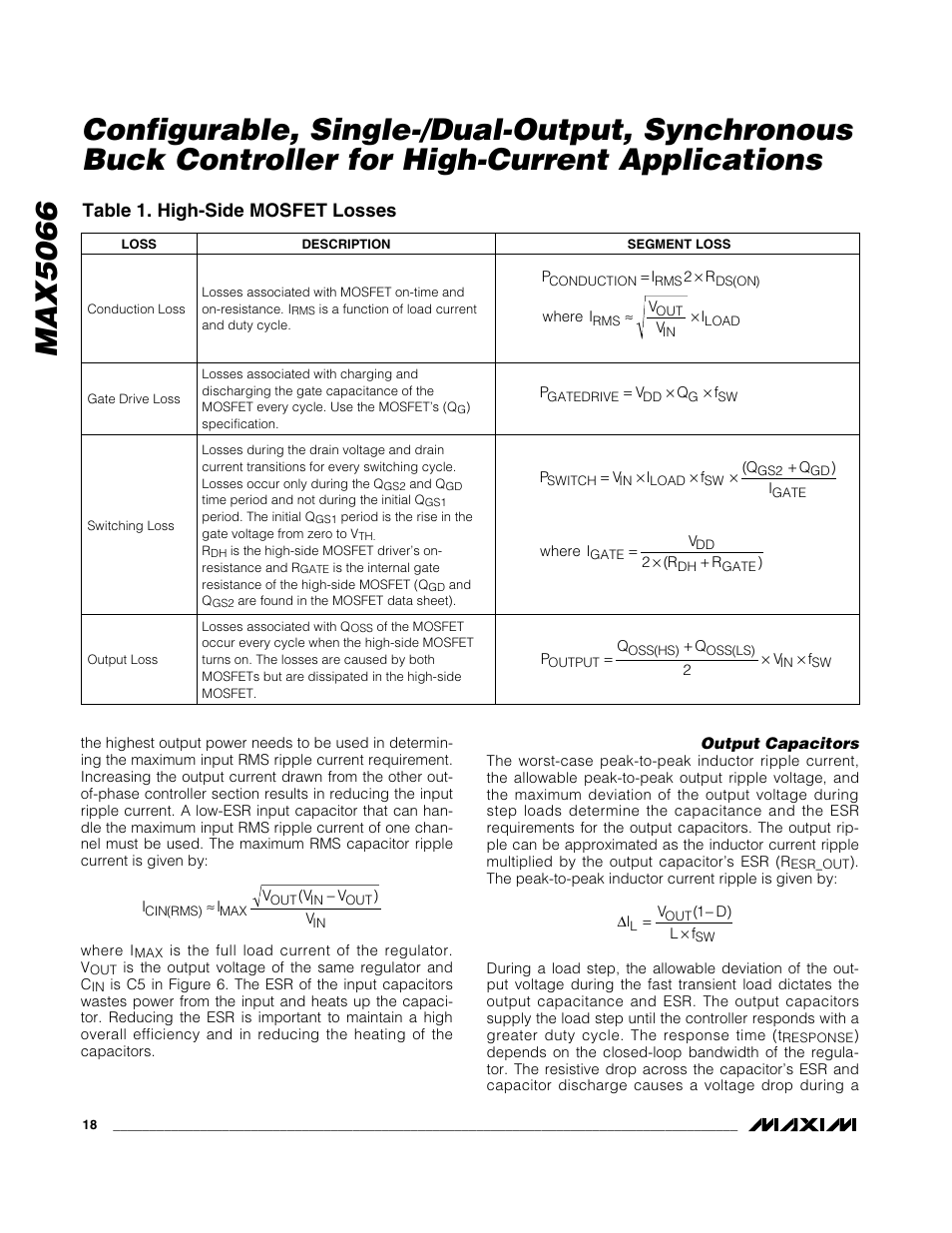 Table 1. high-side mosfet losses | Rainbow Electronics MAX5066 User Manual | Page 18 / 22