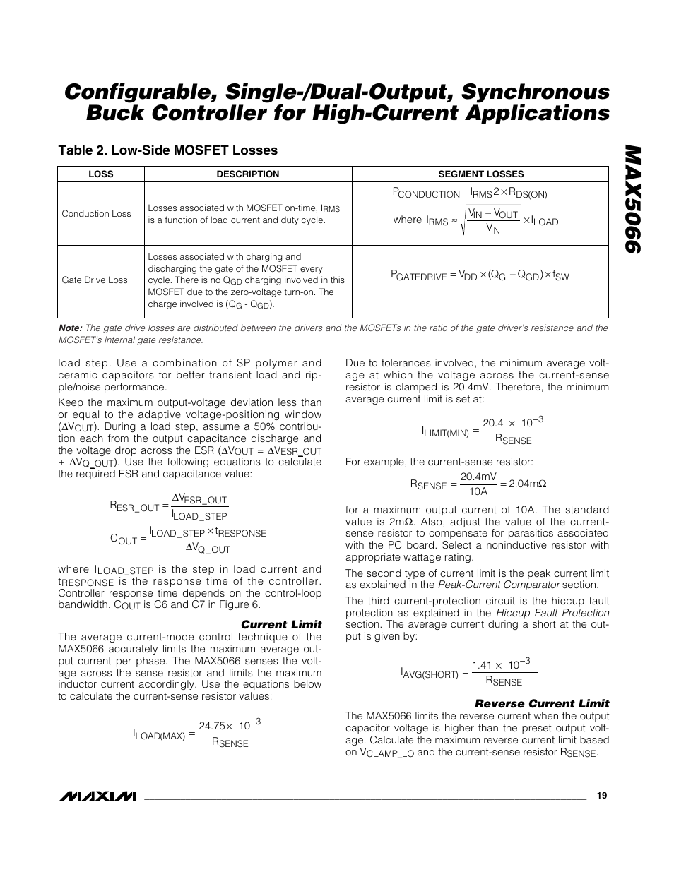 Table 2. low-side mosfet losses | Rainbow Electronics MAX5066 User Manual | Page 19 / 22