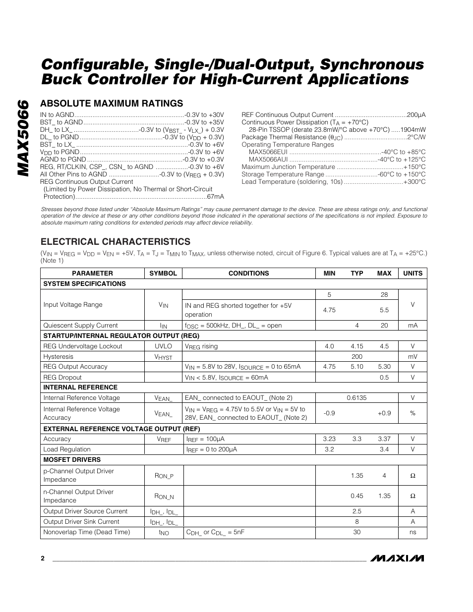 Absolute maximum ratings, Electrical characteristics | Rainbow Electronics MAX5066 User Manual | Page 2 / 22