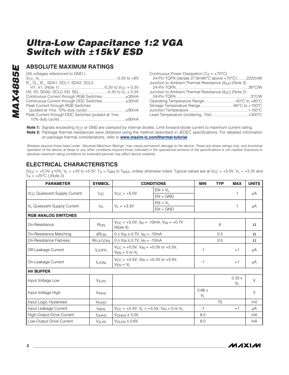 Absolute maximum ratings, Electrical characteristics | Rainbow Electronics MAX4885E User Manual | Page 2 / 10