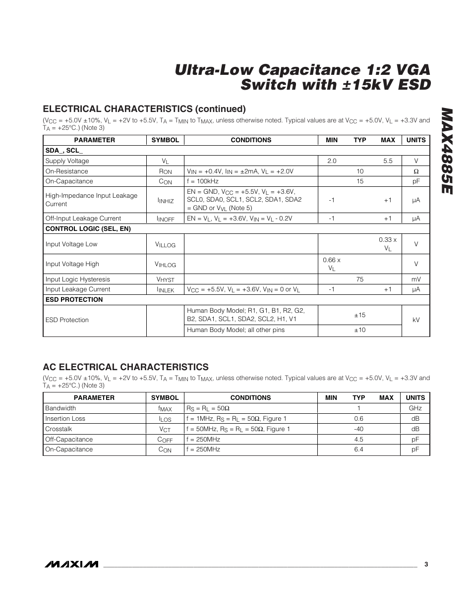 Electrical characteristics (continued), Ac electrical characteristics | Rainbow Electronics MAX4885E User Manual | Page 3 / 10