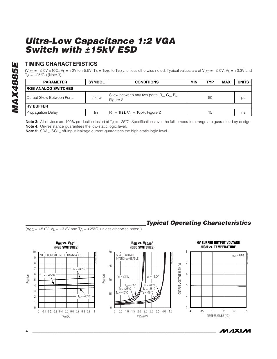 Typical operating characteristics, Timing characteristics | Rainbow Electronics MAX4885E User Manual | Page 4 / 10