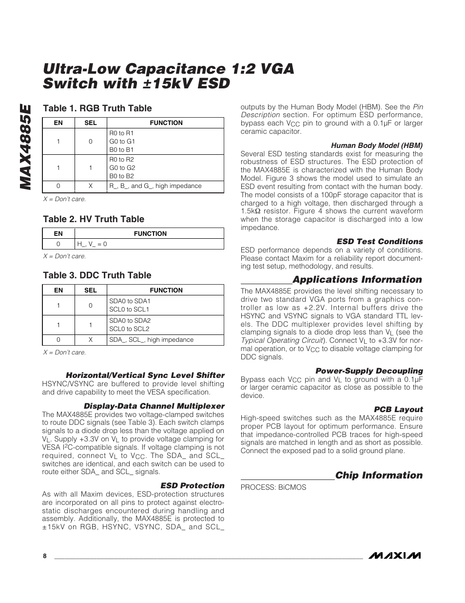 Applications information, Chip information, Table 2. hv truth table | Table 3. ddc truth table, Table 1. rgb truth table | Rainbow Electronics MAX4885E User Manual | Page 8 / 10