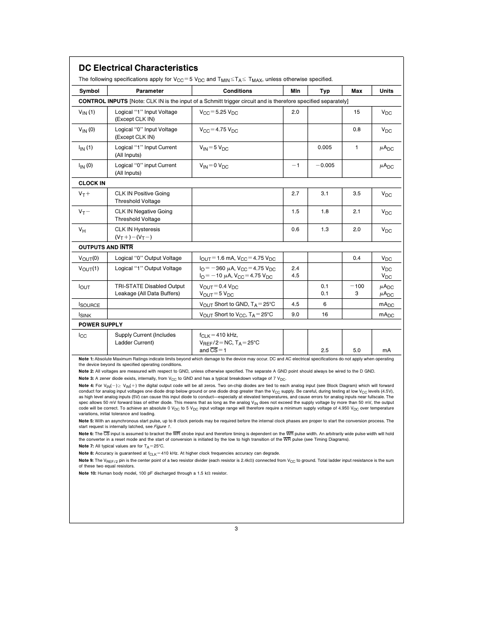 Dc electrical characteristics | Rainbow Electronics ADC1001 User Manual | Page 3 / 8