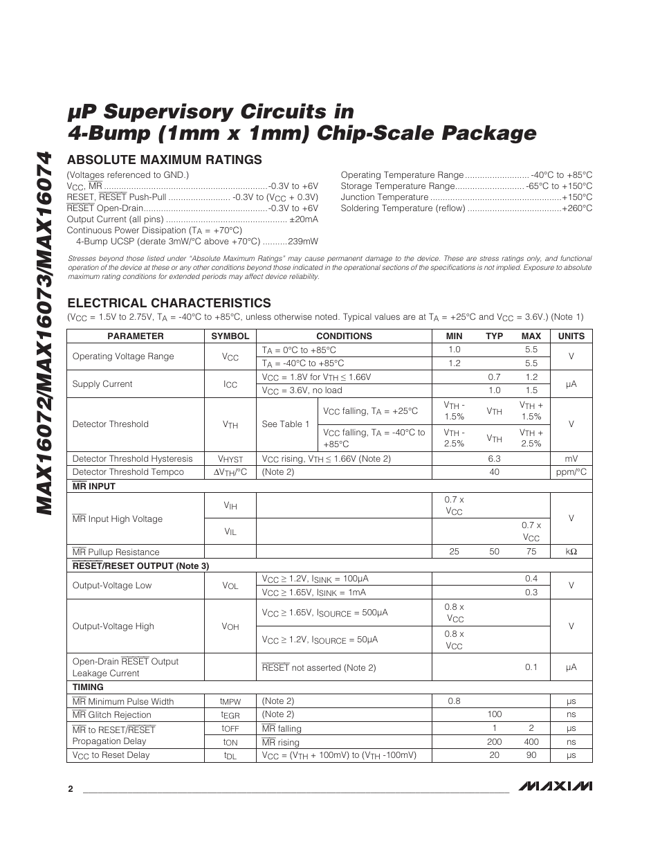 Electrical characteristics, Absolute maximum ratings | Rainbow Electronics MAX16074 User Manual | Page 2 / 8