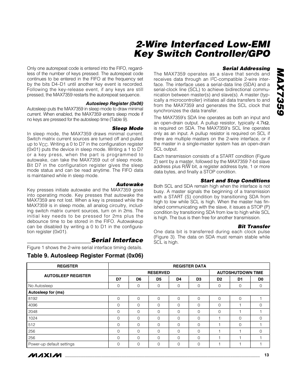 Serial interface, Table 9. autosleep register format (0x06) | Rainbow Electronics MAX7359 User Manual | Page 13 / 22