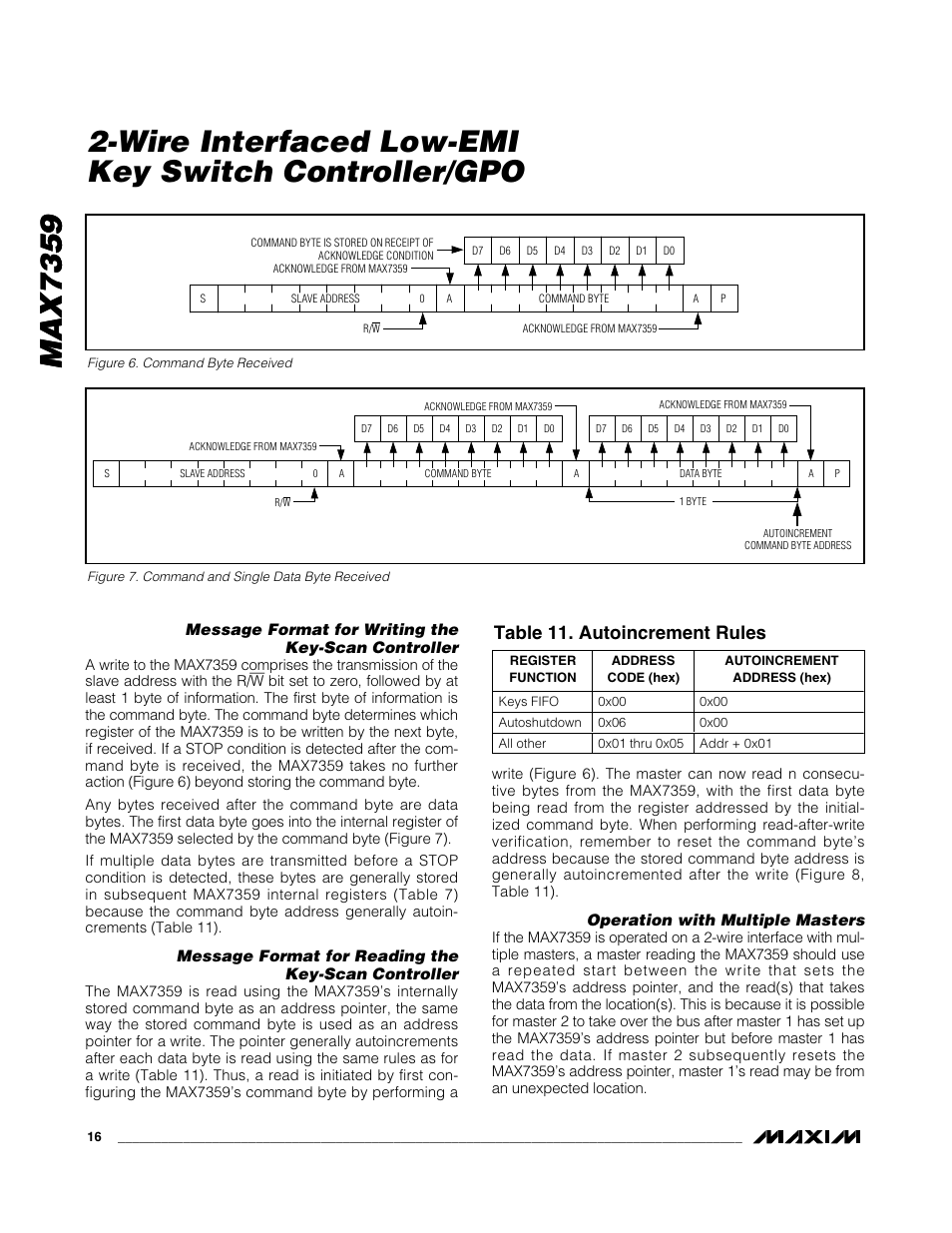 Max7359, Table 11. autoincrement rules, Message format for writing the key-scan controller | Message format for reading the key-scan controller, Operation with multiple masters | Rainbow Electronics MAX7359 User Manual | Page 16 / 22