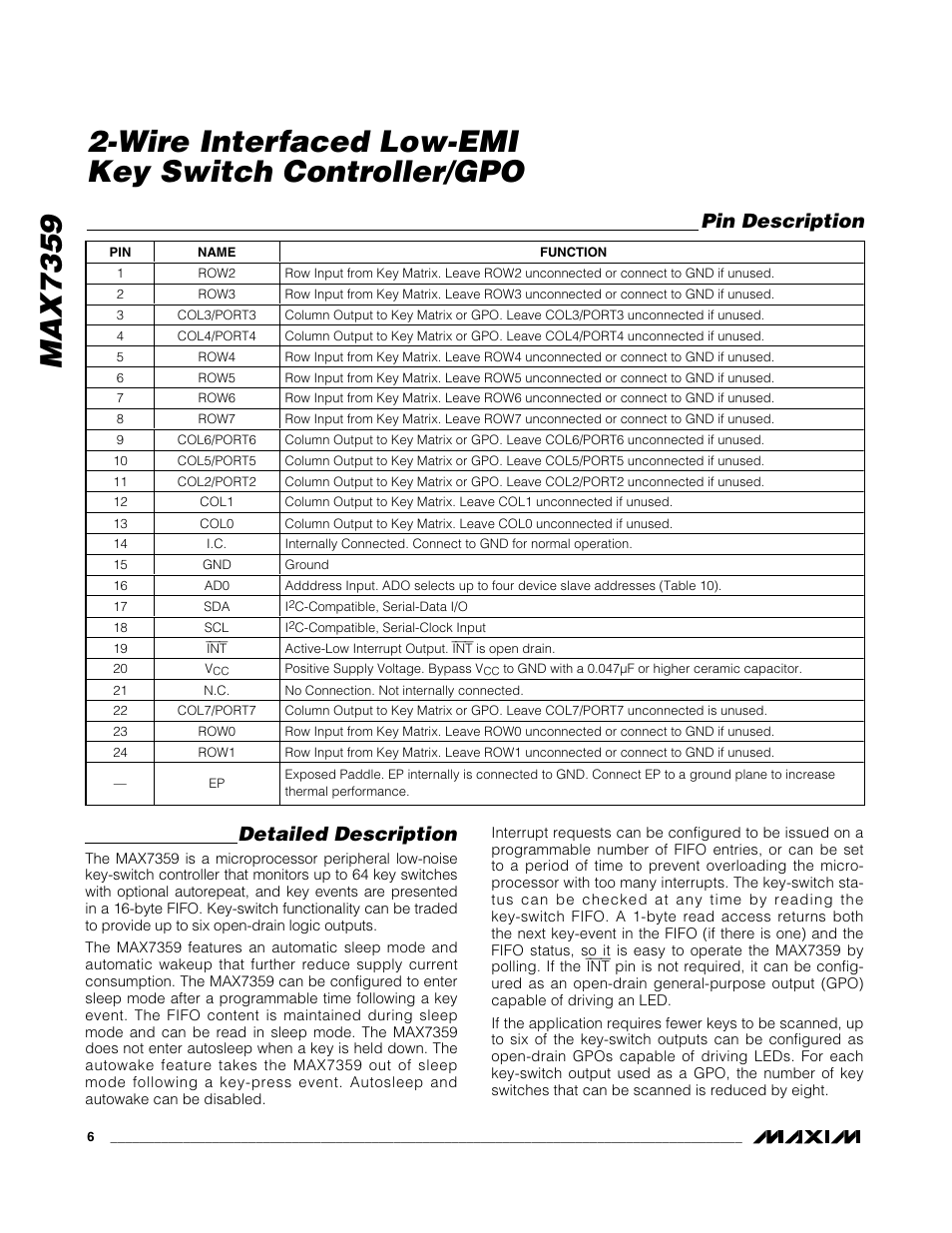 Detailed description, Pin description | Rainbow Electronics MAX7359 User Manual | Page 6 / 22