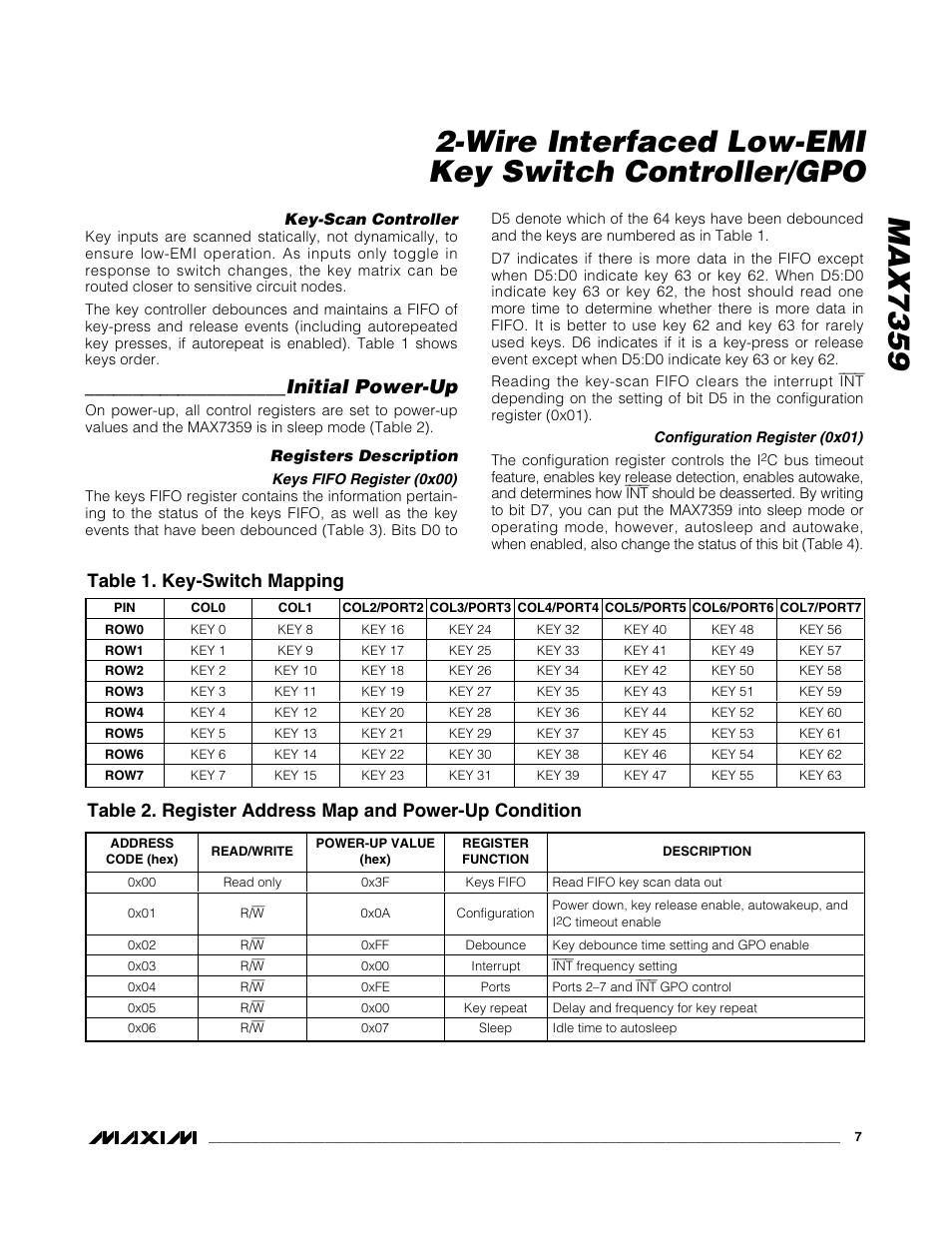 Initial power-up, Table 1. key-switch mapping | Rainbow Electronics MAX7359 User Manual | Page 7 / 22