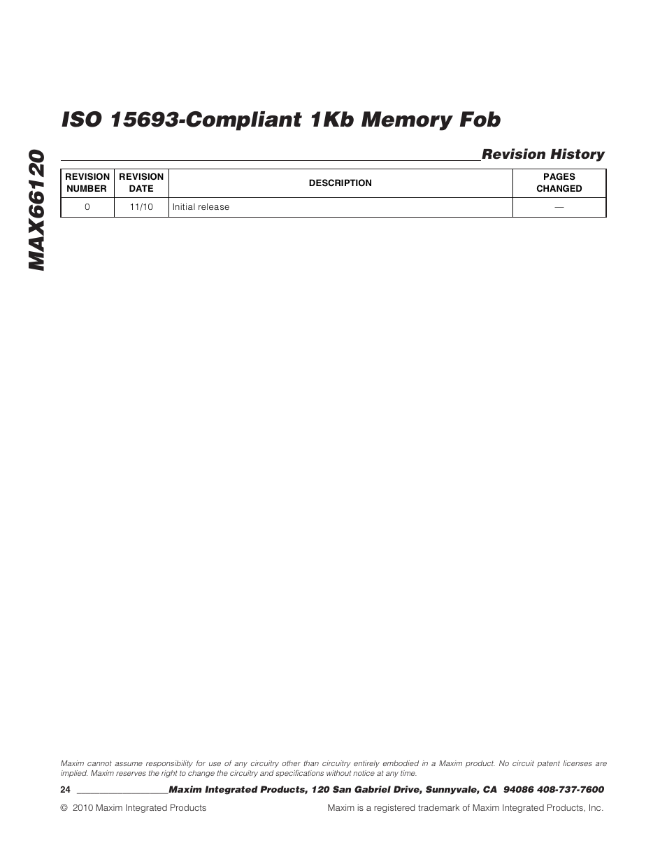 Revision history | Rainbow Electronics MAX66120 User Manual | Page 24 / 24