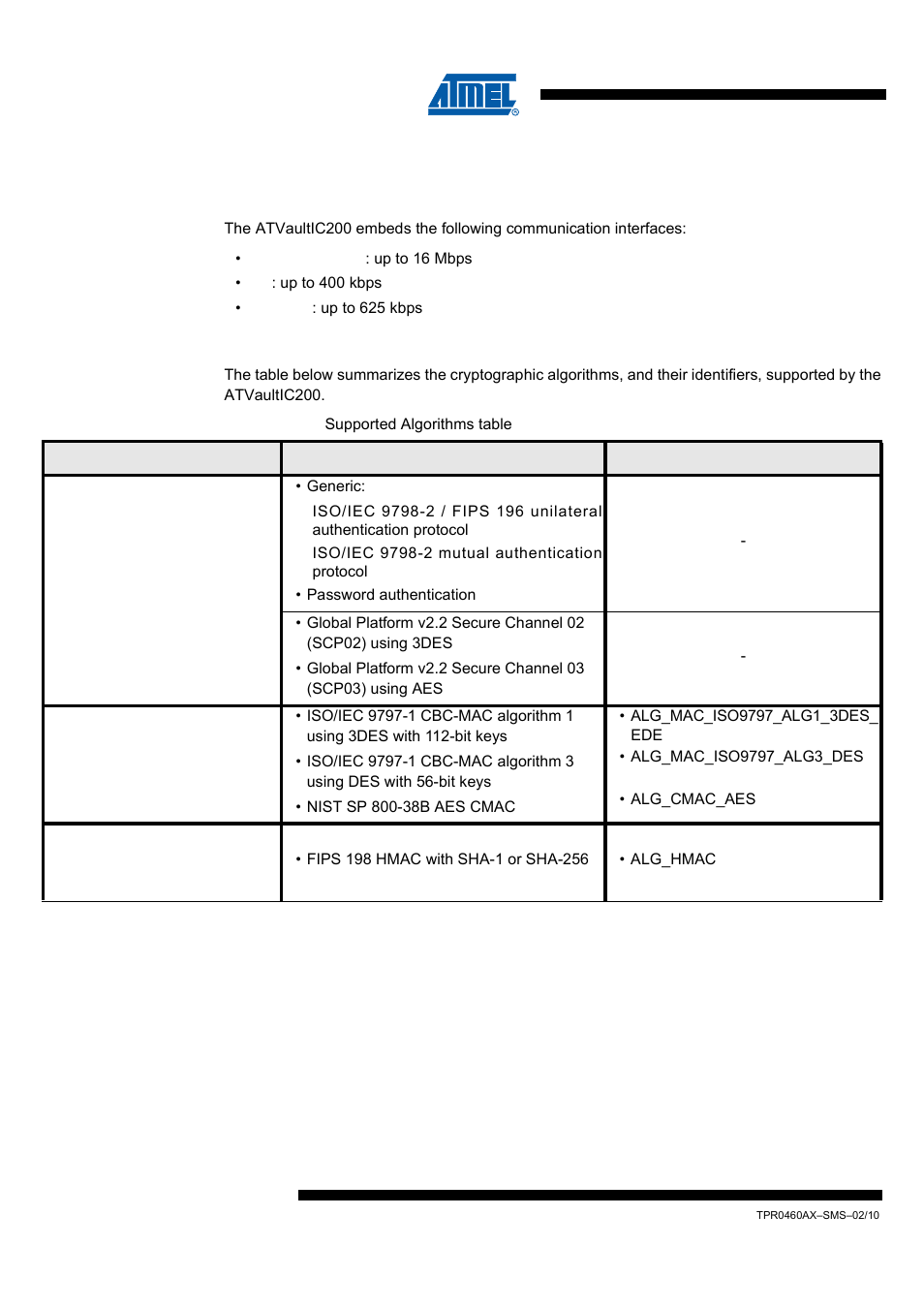 Detailed features, 1 communication interfaces, 2 security mechanisms | Table 2-1, “supported, Atvaultic200 | Rainbow Electronics ATVaultIC200 User Manual | Page 8 / 26
