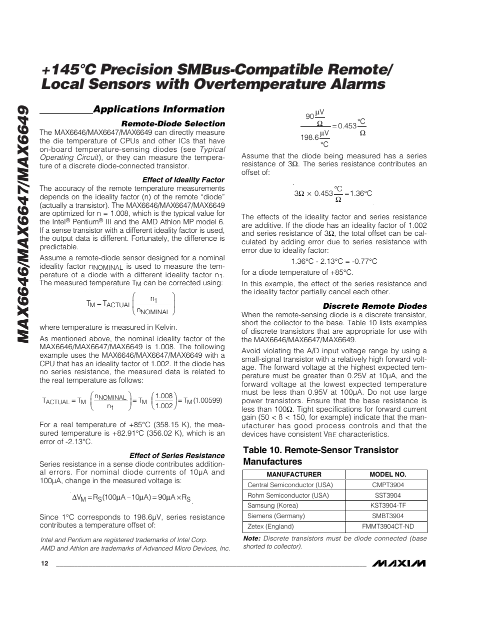 Applications information, Table 10. remote-sensor transistor manufactures | Rainbow Electronics MAX6649 User Manual | Page 12 / 16