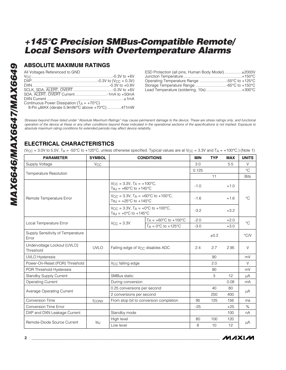 Absolute maximum ratings, Electrical characteristics | Rainbow Electronics MAX6649 User Manual | Page 2 / 16